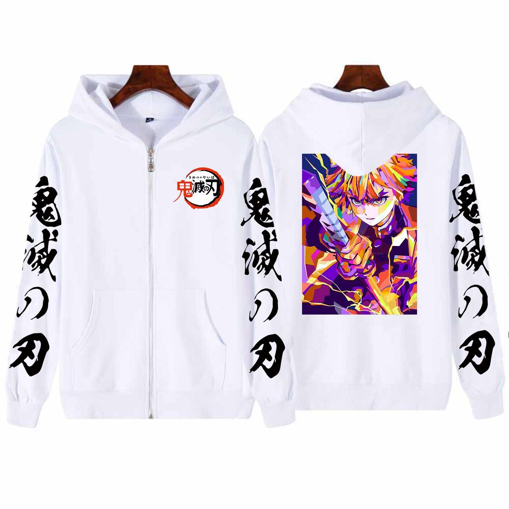 Demon Slayer Anime Zipper Jacket Agatsuma Zenitsu Print Men Women Zip Up Hoodies Casual Loose Sweatshirt Harajuku Streetwear