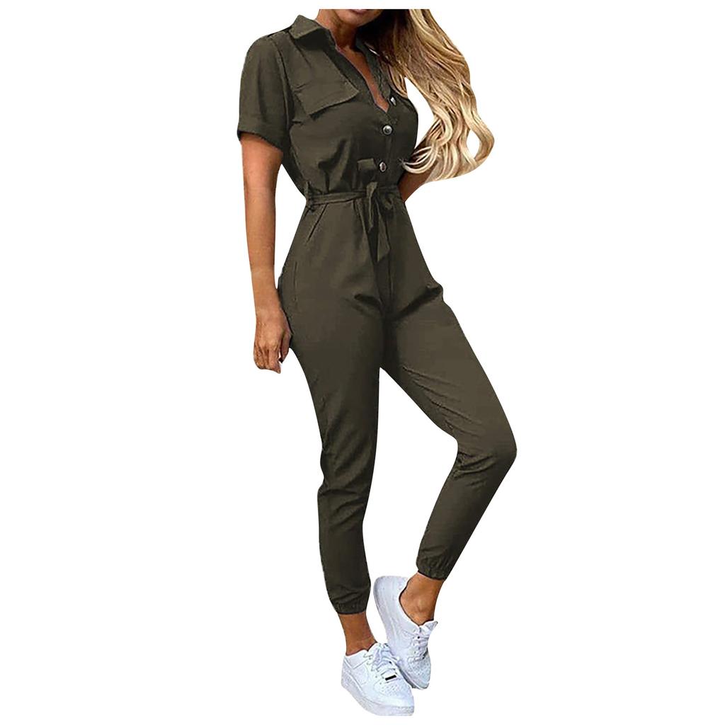 Womens Fashion Solid Color Insert Pocket Casual Lapel Printed Belt Work Jumpsuit
