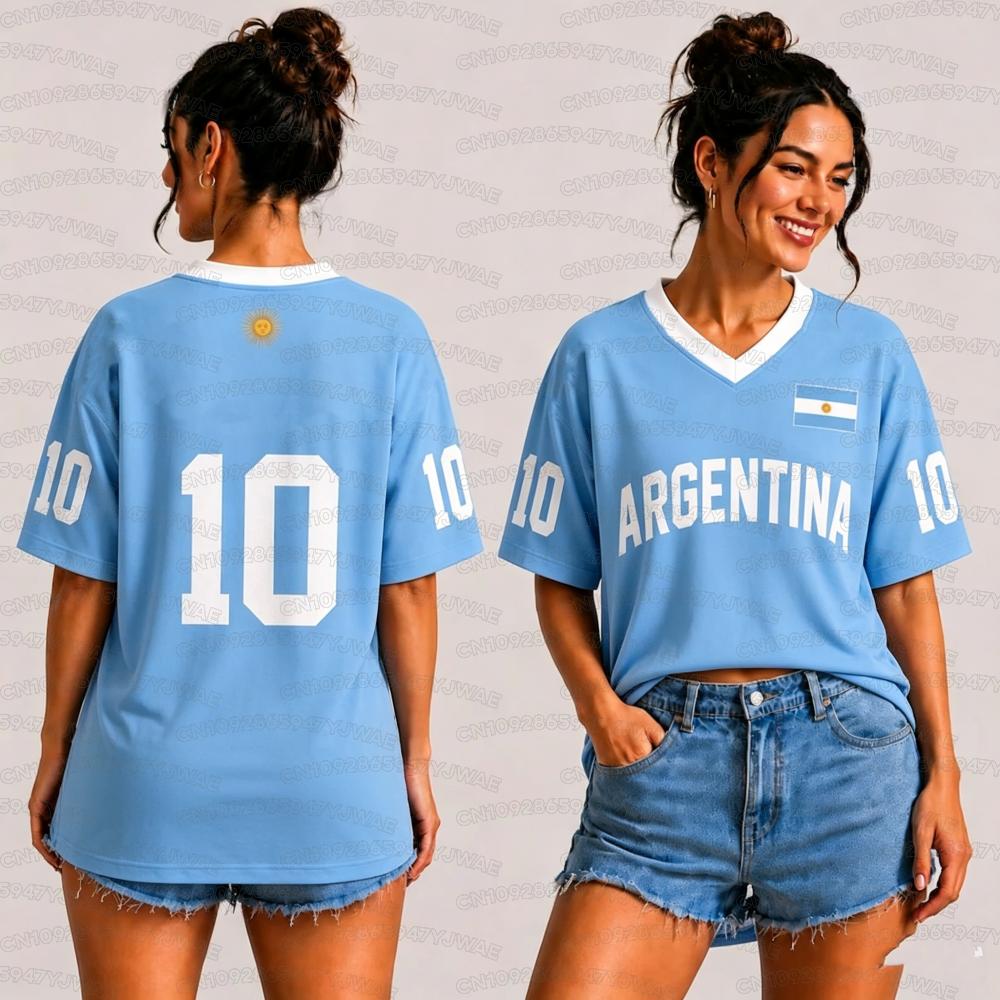 Summer Women's Men's Argentina Print V-Neck Short Sleeve T-Shirt Graphic Tee Jerseys Plus Size Sport T-Shirt Soccer Fans