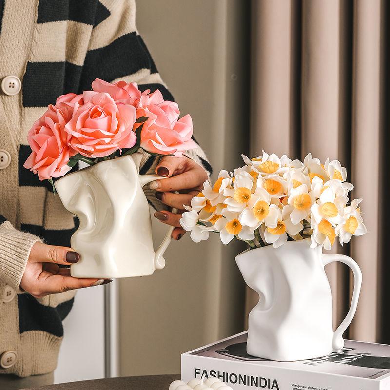 Creative Handle Cup Ceramic Vase Hydroponic Flowers Living Room Ornaments Art Folds Irregular Vases Crafts Home Decoration Gifts