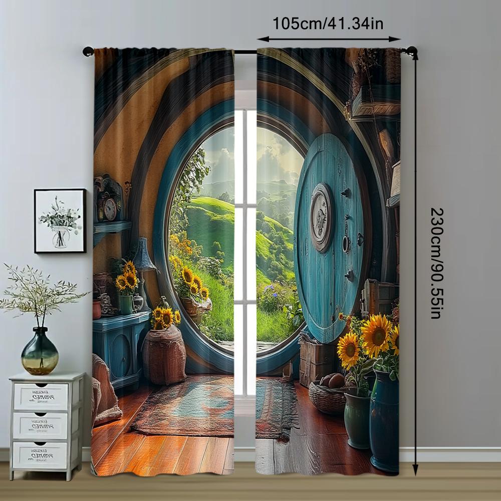 2pc, Party Window Curtains Charming Hobbit Hole Polyester,Without Electricity Festive Wall Decor Applies to Classroom