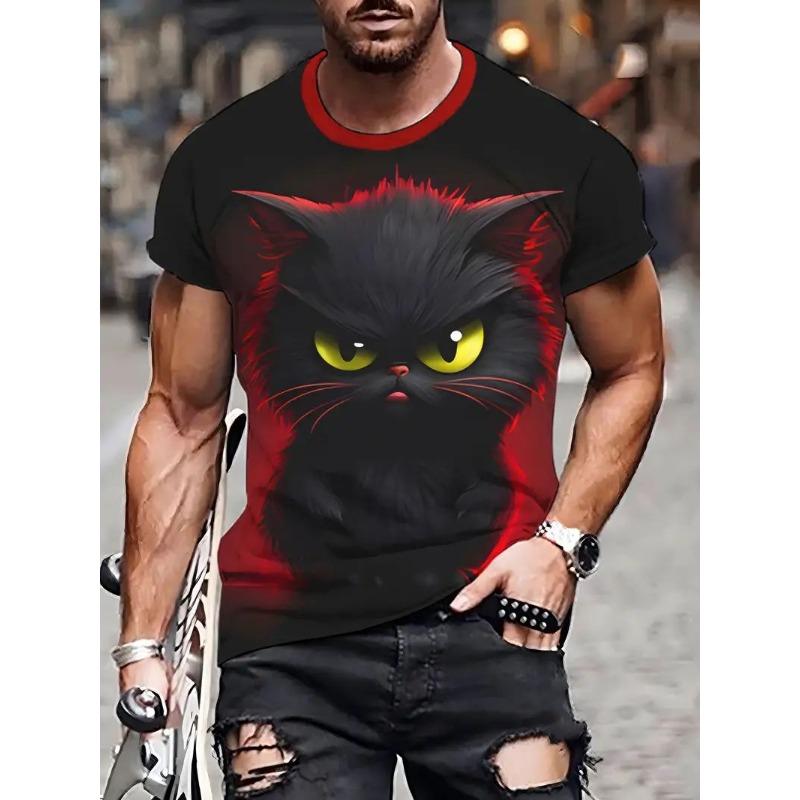 Letní pánské tričko s krátkým rukávem Zvířecí potisk Ležérní oversized svetr s výstřihem Móda Streetwear Pánské oblečení Kočičí trička