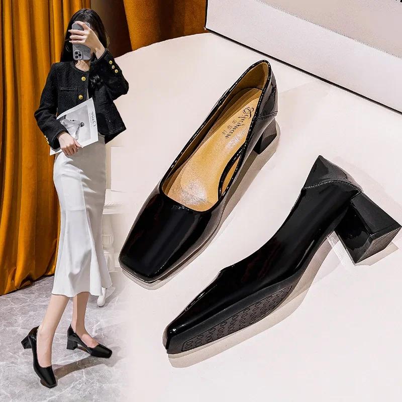 Fashion Thick Heel Square Head Patent Leather Single Shoes 2024 Spring Autumn Medium Heel Black High Heels Commuter Women's Shoes