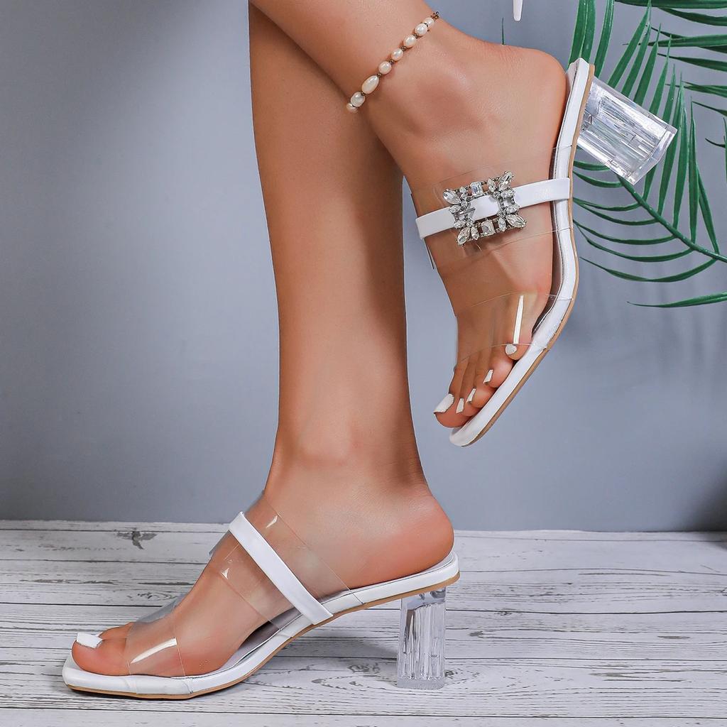 Fashion Rhinestone Transparent Heeled Sandals Women 2025 Summer Fashion Chunky High Heel Slippers Woman Square Toe Crystal Party Shoes