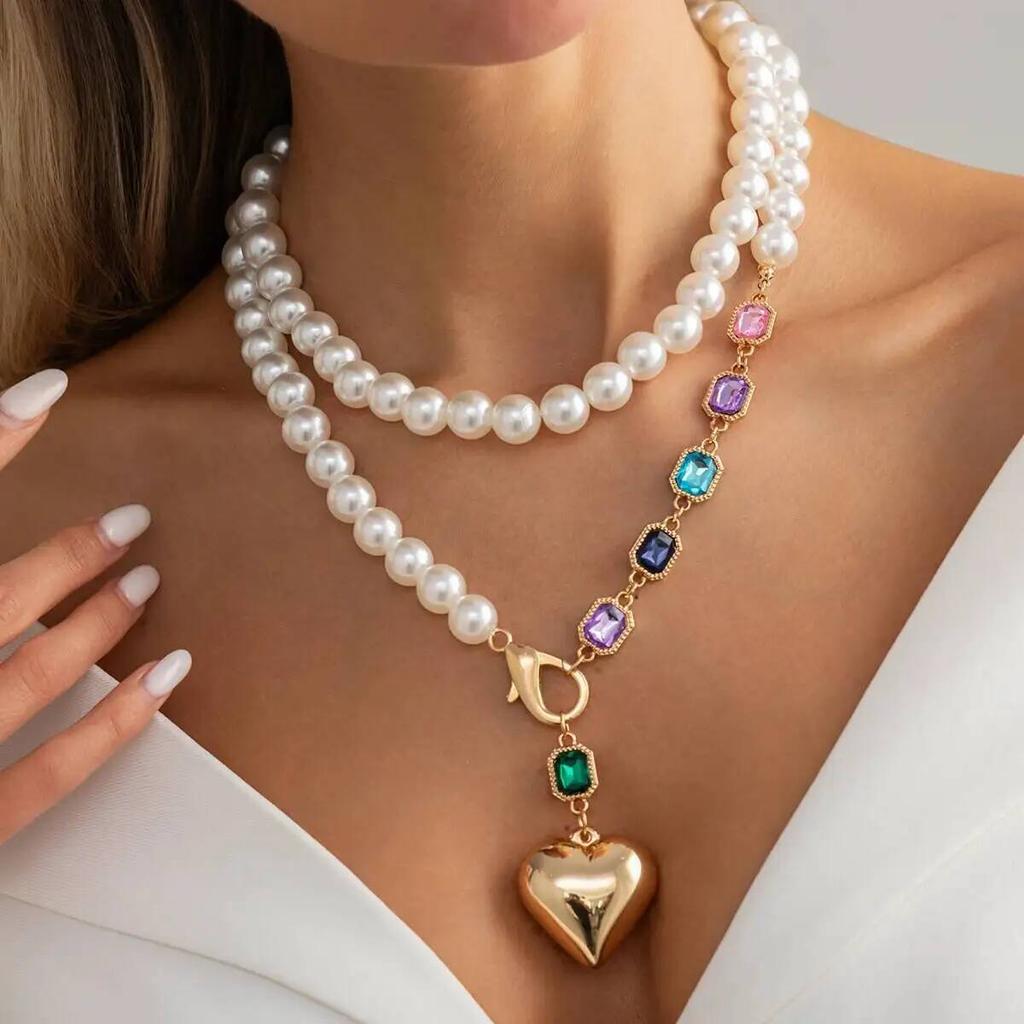IngeSight.Z Elegant Imitation Pearl Colorful Acrylic Metal Big Heart Shape Pendant Necklace for Women Fashion Boho Jewelry Gifts