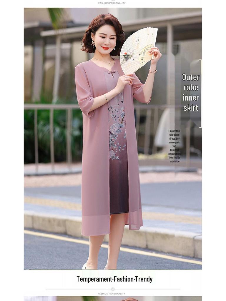 Letnia sukienka z szyfonu: Dwuczęściowy zestaw z krótkim rękawem dla kobiet w średnim wieku