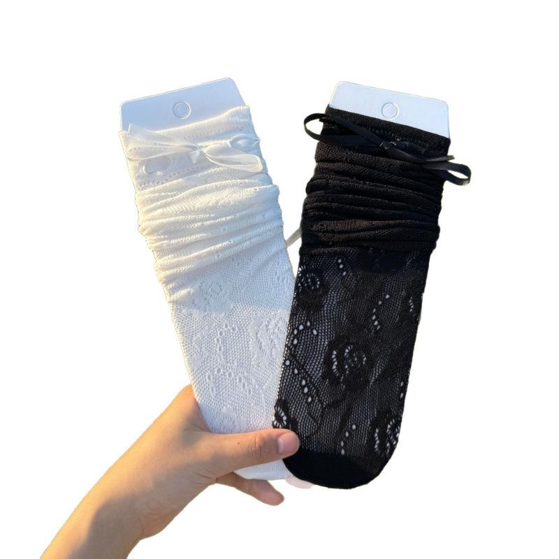 Women Flower Lace Fishnet Thigh Bowknot High Stockings Japanese Style Jk Girl Sweet Lace Trim Frilly Over Knee Long Socks