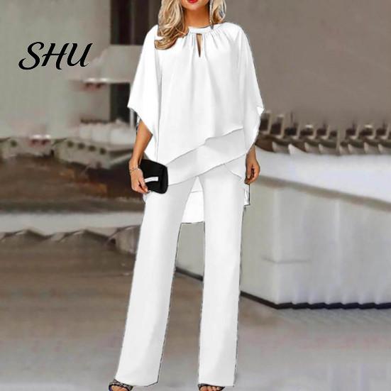 Solid Color Two-piece Suit 2 Pcs/Set Women Top Pants Set Hollow Out Half Sleeve O Neck Irregular Half-sleeve And Trousers Layered Hem Wide Leg