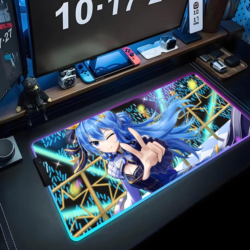Suisei Hoshimachi Mouse Pad RGB Gaming Mousepad Big LED Pad PC Desk Mat Luminous Mouse Pad Large Keyboard Mats Table Rug With