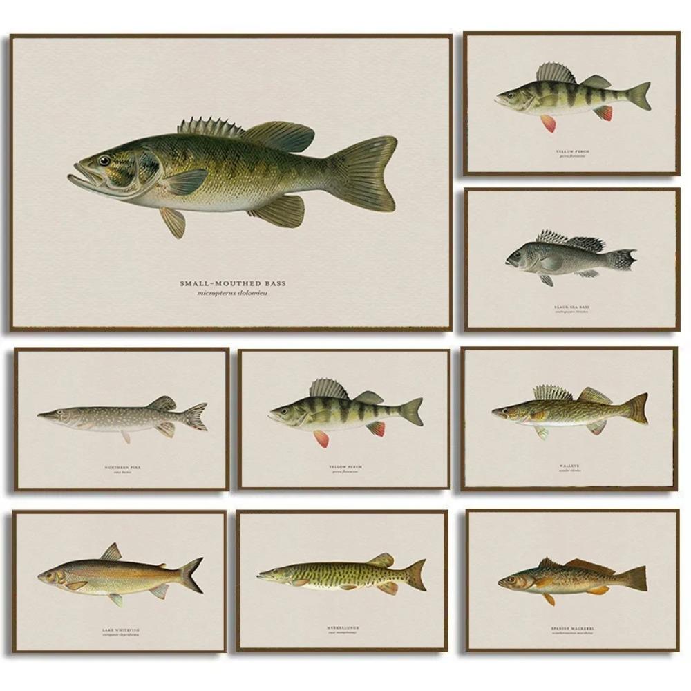 Vintage Bass Fish Trout Fly Fishing Posters Prints Canvas Painting Fisherman Retro Wall Art Picture for Living Room Home Decor