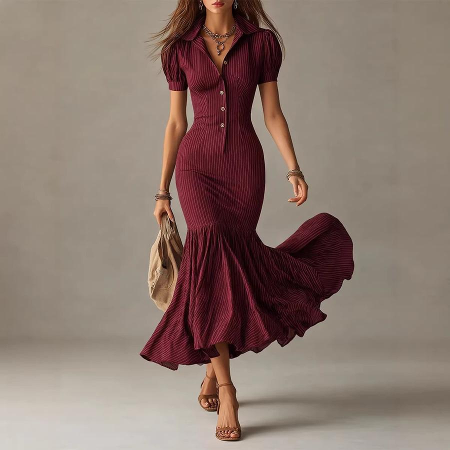 Elegantes lässiges gestreiftes Rüschenkleid mit kurzen Ärmeln für Damen – Neue Ankunft