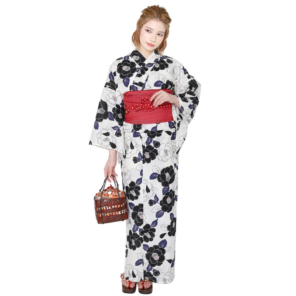 Fuuka 5L Yukata with Heko Obi Large Black and White in [Fuuka] Women's 2-piece Set, Size, Camellia, (Heko Obi/Made Japan/Red) X3604-5LB115