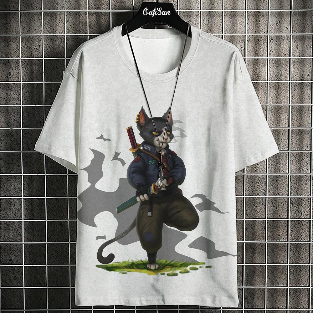 

Men s Samurai Cat T-shirt Summer Fashion Trend Japanese Short sleeved T-shirt Extra Large Street Clothing Casual Hoodie Men s To 6XL