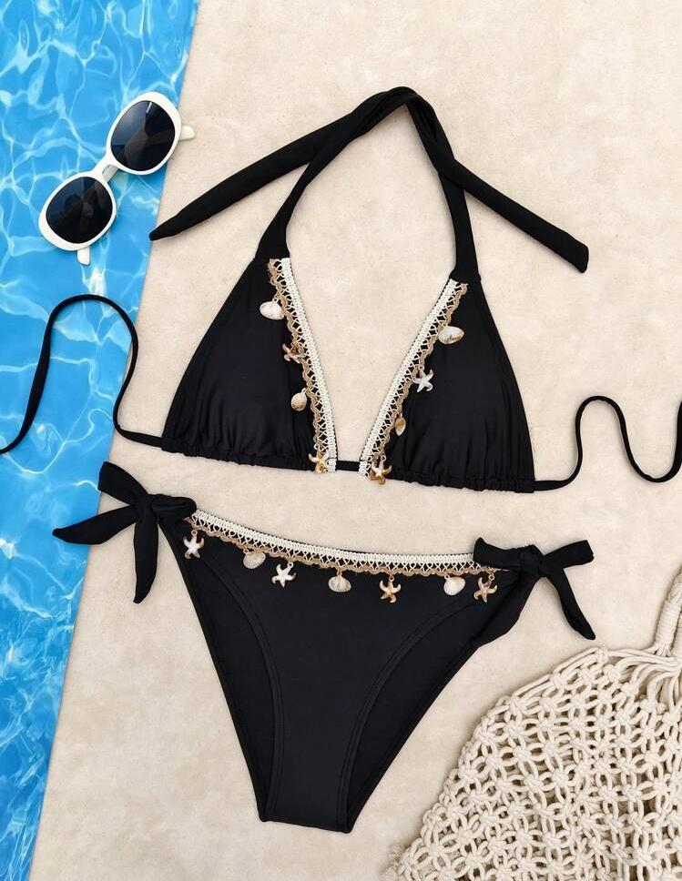 

Однотонный галстук-ракушка Сексуальный раздельный купальник-бикини S чёрный