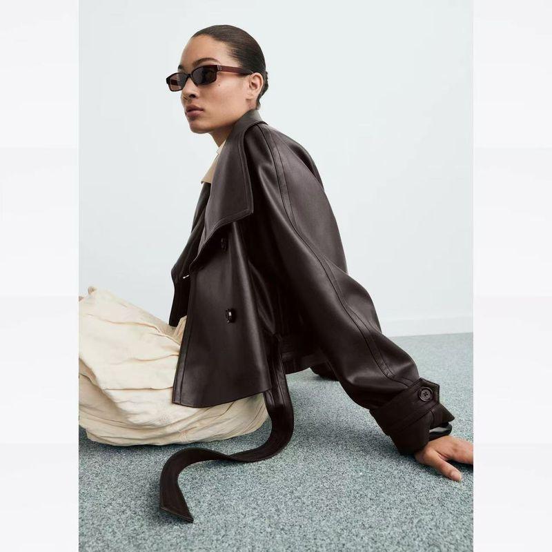 Za Autumn New Women Clothes 2025 Western Style Fashion Lapel Belt Short Leather Wind Coat Outerwear 87070651