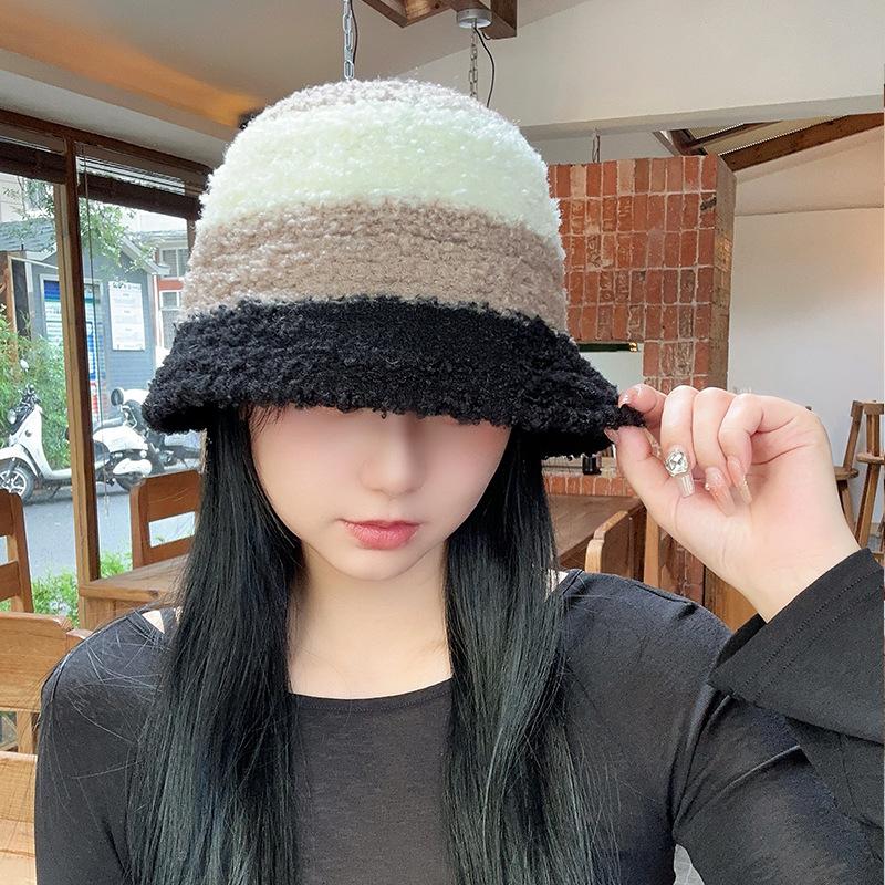 Striped Color blocking Knitted Fisherman Hat Women's Autumn and Winter Korean Version Ins Warm Wool Bucket Hat Showing Face Small Plush Basin Hat