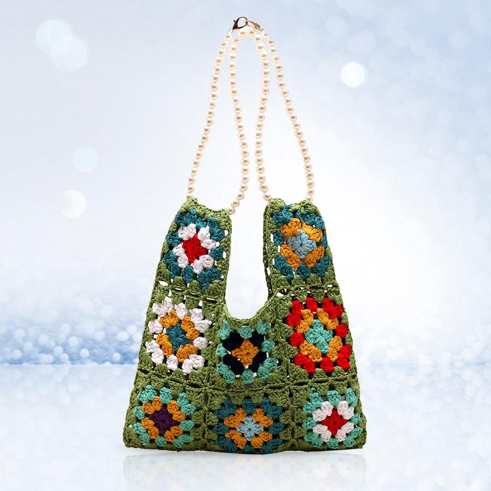 

Женская вязаная крючком сумка для бабушки в этническом стиле, вязаная крючком сумка для покупок, богемная тканая сумка с жемчужным ремешком и цветочным принтом зелёный