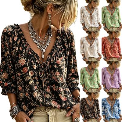 Dam Casual Semester Blommig Djup V-ringning Trekvartsärm Blus med Puff Ruffle-manschetter