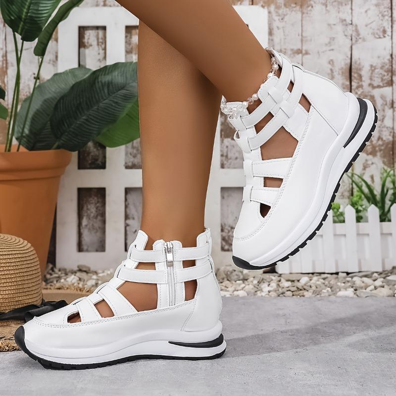 Women'S White High-Top Cage Cut-Out Zipper Thick Sole Sneakers - Breathable PU Upper, Cushioned Comfort, All-Season Casual & Light Sports Shoes