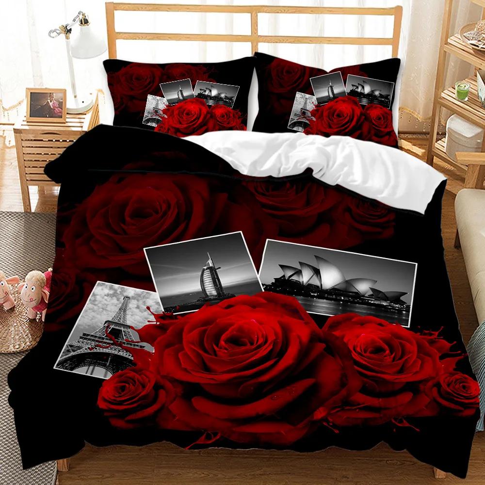 Rose Duvet Cover Red Rose Floral Wedding Twin Bedding Set Valentine's Day Gift For Lover Double Queen King Polyester Qulit Cover