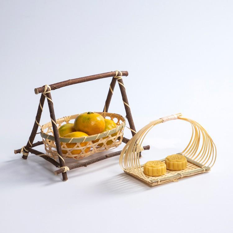 Round Handle Bamboo Woven Basket for Tea, Snacks, Pastries, and Fruits – Small Multi-Layered Design