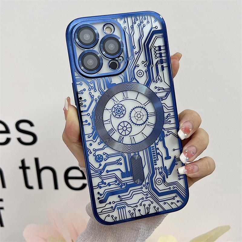 Luxury Line Mechanical Magnetic Wireless Charging Electroplated Case for iPhone 14 13 12 11 Pro Max All-inclusive Fall Protection Cover