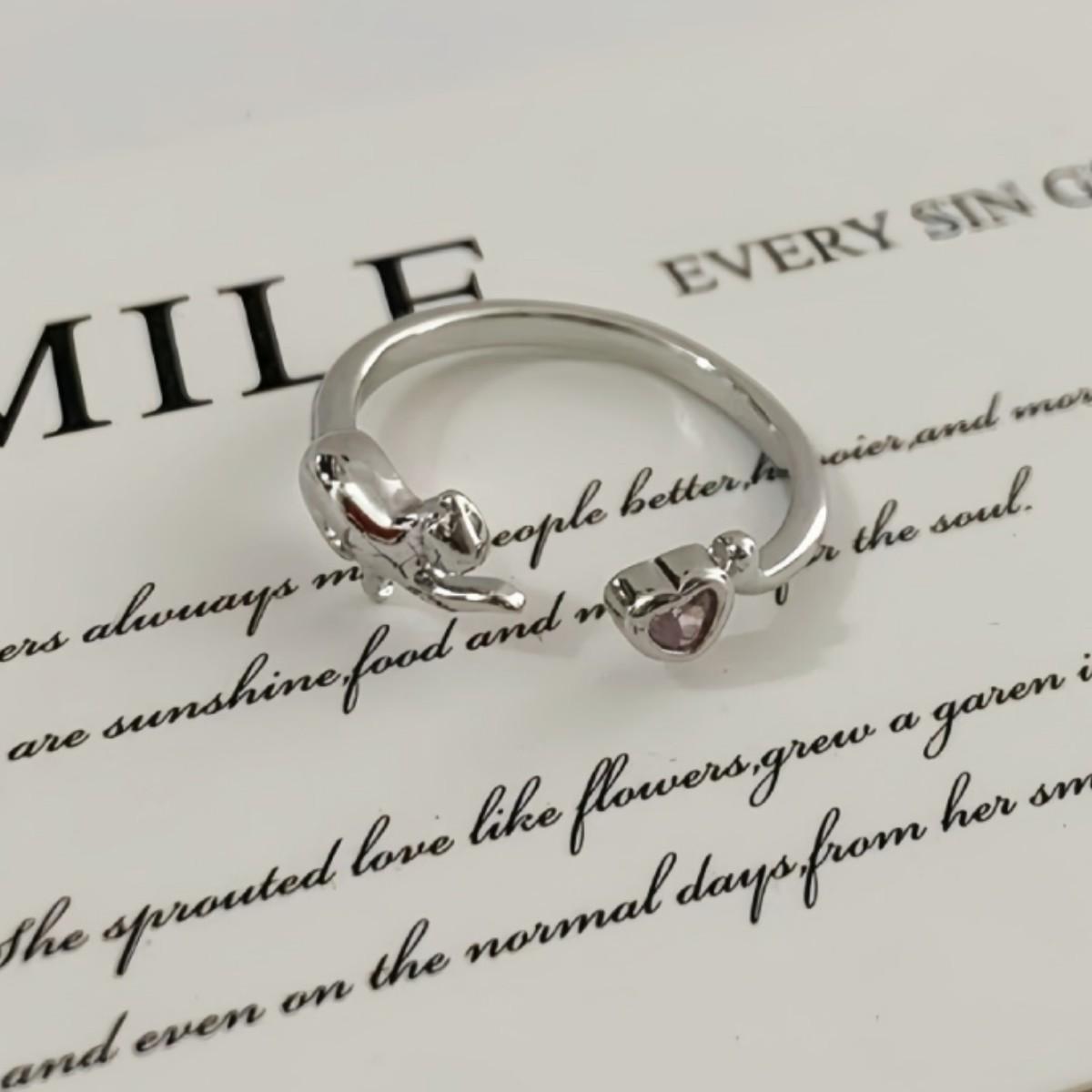 Pink Heart Cat Open Ring - Sweet & Cute Animal Design