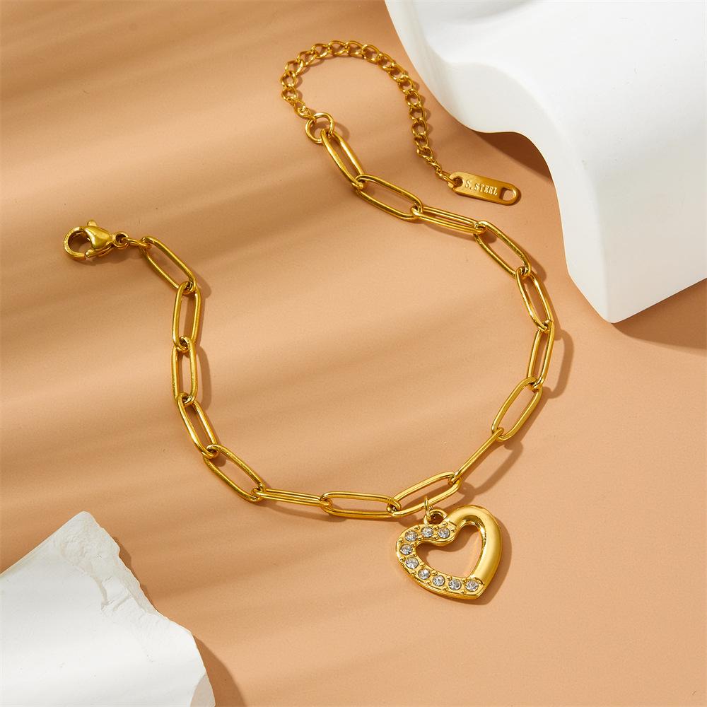 Stainless Steel Thick Bracelets Simple Dinky Hollow Heart Diamond Bracelet Trendy Versatile Unique High End Jewelry for Women