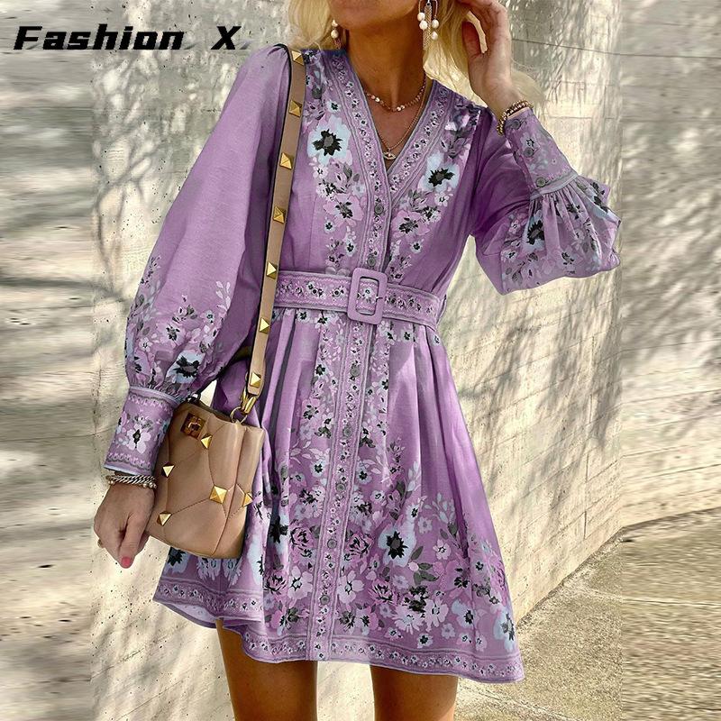 New Women's Long Sleeve V-Neck Loose Bohemian Dresses