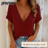 JPNTKY Women's Fashion Casual Solid Color Print Short Sleeve V Neck Blouses & Shirts