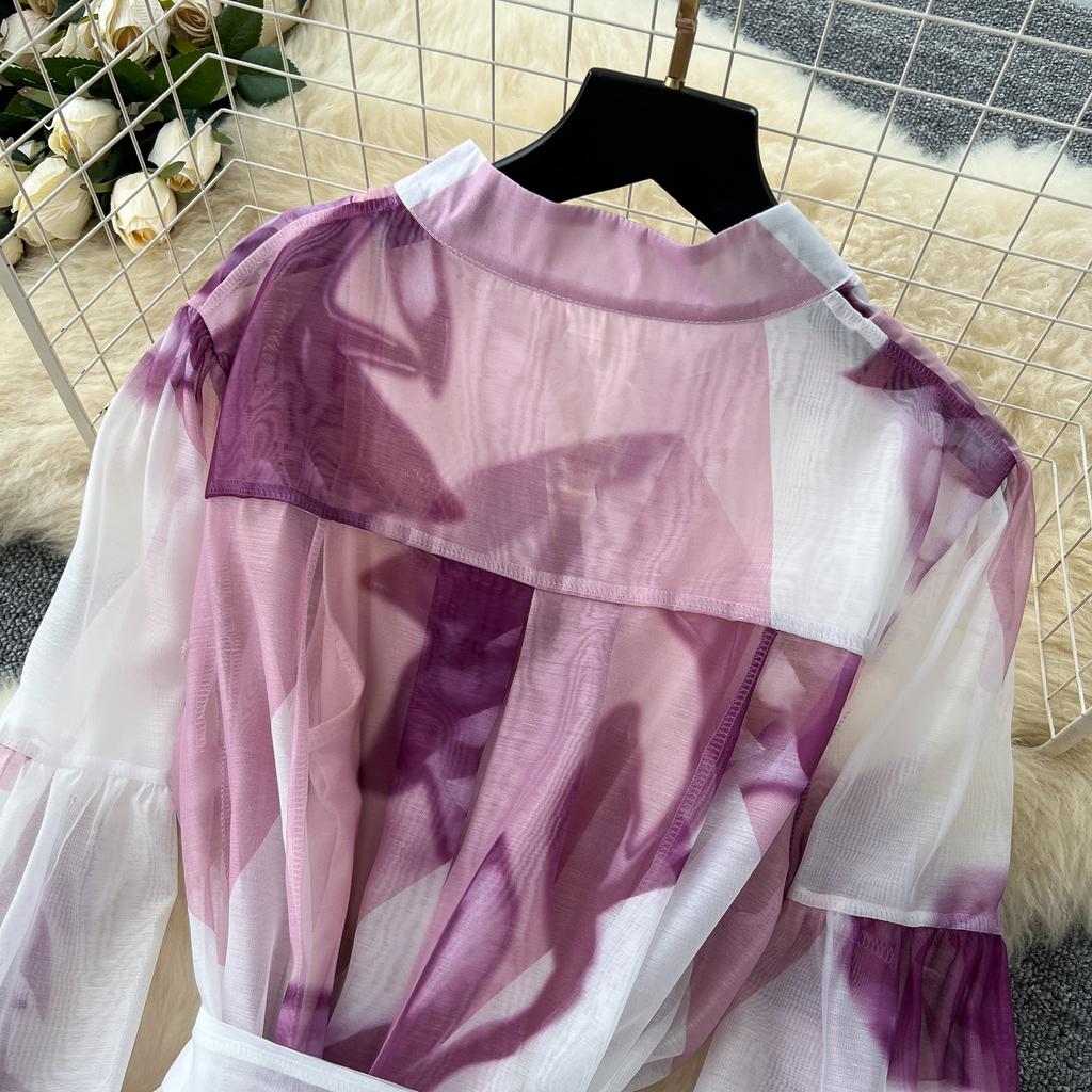 Sexy Long Sleeve Mesh Sweet Print Dress Chic Vintage Evening Party Club  Women Chic Summer Beach Long Dresses
