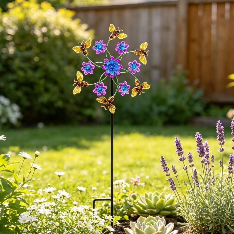 Garden Wind Wheel Stake Metal Yard Display Flower Garden Spinner Stake with Iron Frame for Lawn, Entry Side, and Home Garden Placement
