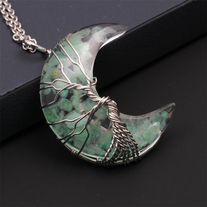 Natural Crystal Moon Pendant Necklace Tree of Life Amethyst Reiki Polished Mineral Jewelry Healing Stone for Men Women Jewelry