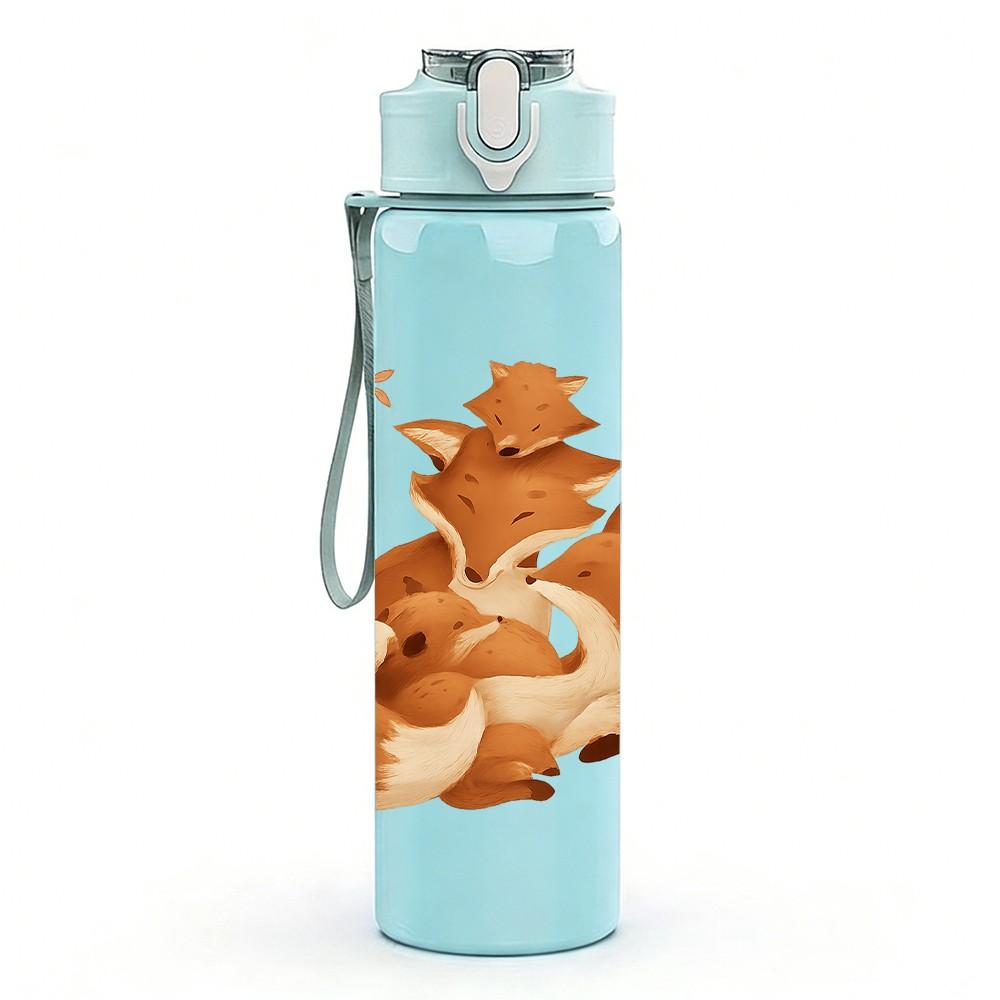 1PC Twin Fox Family Cartoon 750ml Color Plastic Sports Water Bottle Leakproof Flip Straw Lid Suitable for Sports Office Home Use