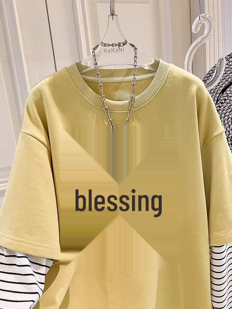 Plus Size Cartoon Striped Long-Sleeve Two-in-One Women's T-Shirt