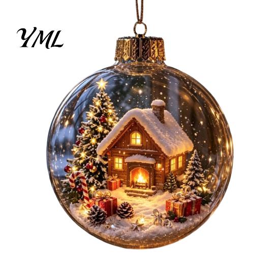 Christmas Hanging Decorations Ball Ornament with LED Lights, Snow Scene Acrylic Clear Theme Decor, Shatterproof Xmas Tree Sphere Holiday