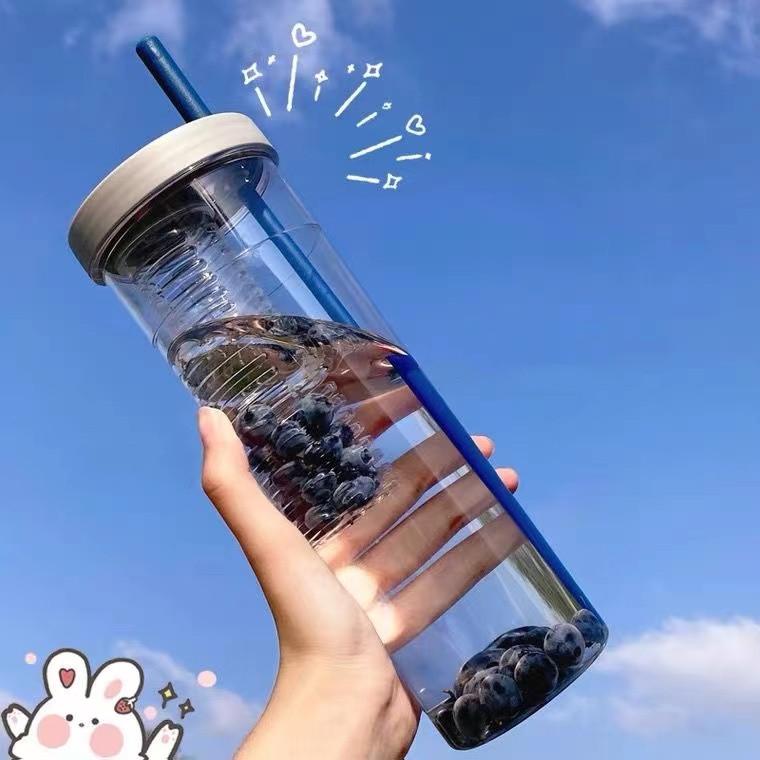 700ML Folding Straw Cup Transparent Large Capacity Water Bottles Portable Juice Cups Lemon Filter Cute Drinking Bottle for Girl