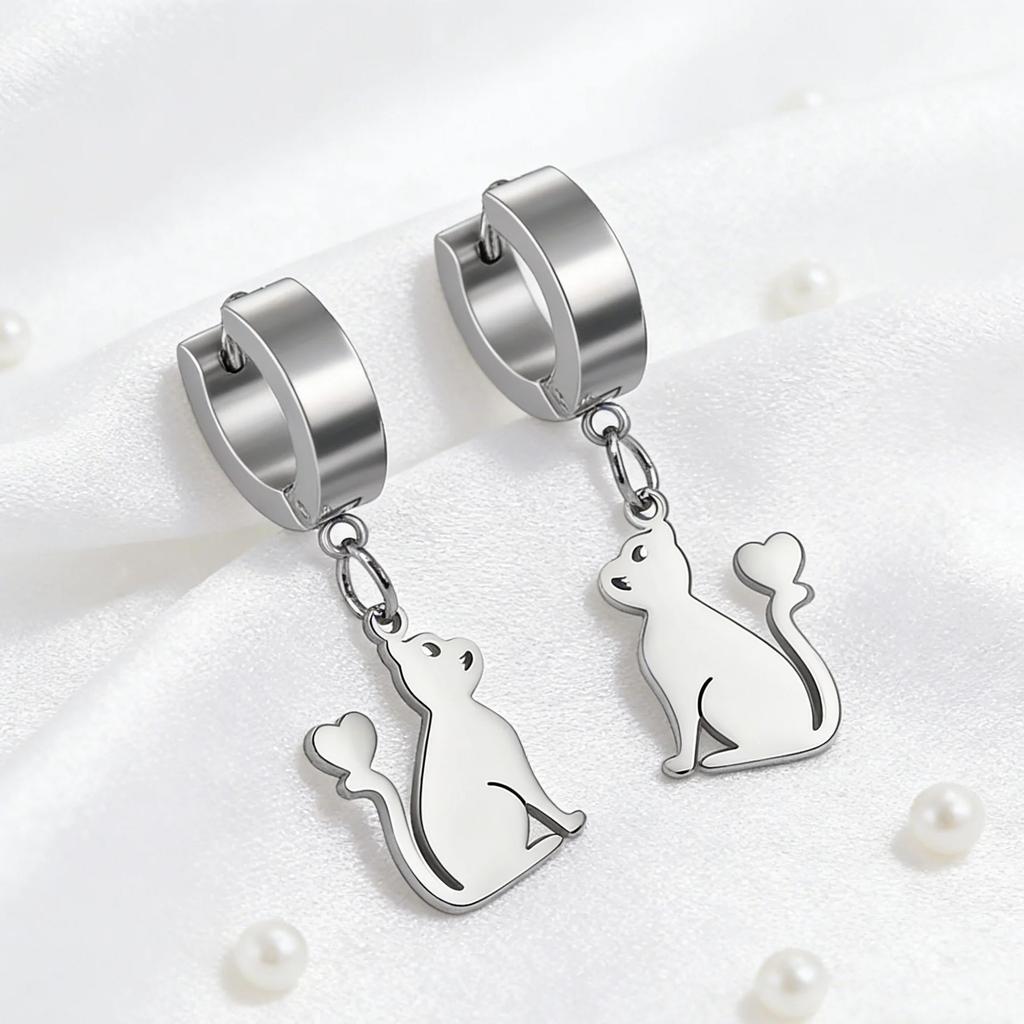 Cute Cat Kitten Heart Drop Earrings for Women Girls Stainless Steel Gold Color Hoop Earring Fashion Jewelry Gifts for Pet Lover