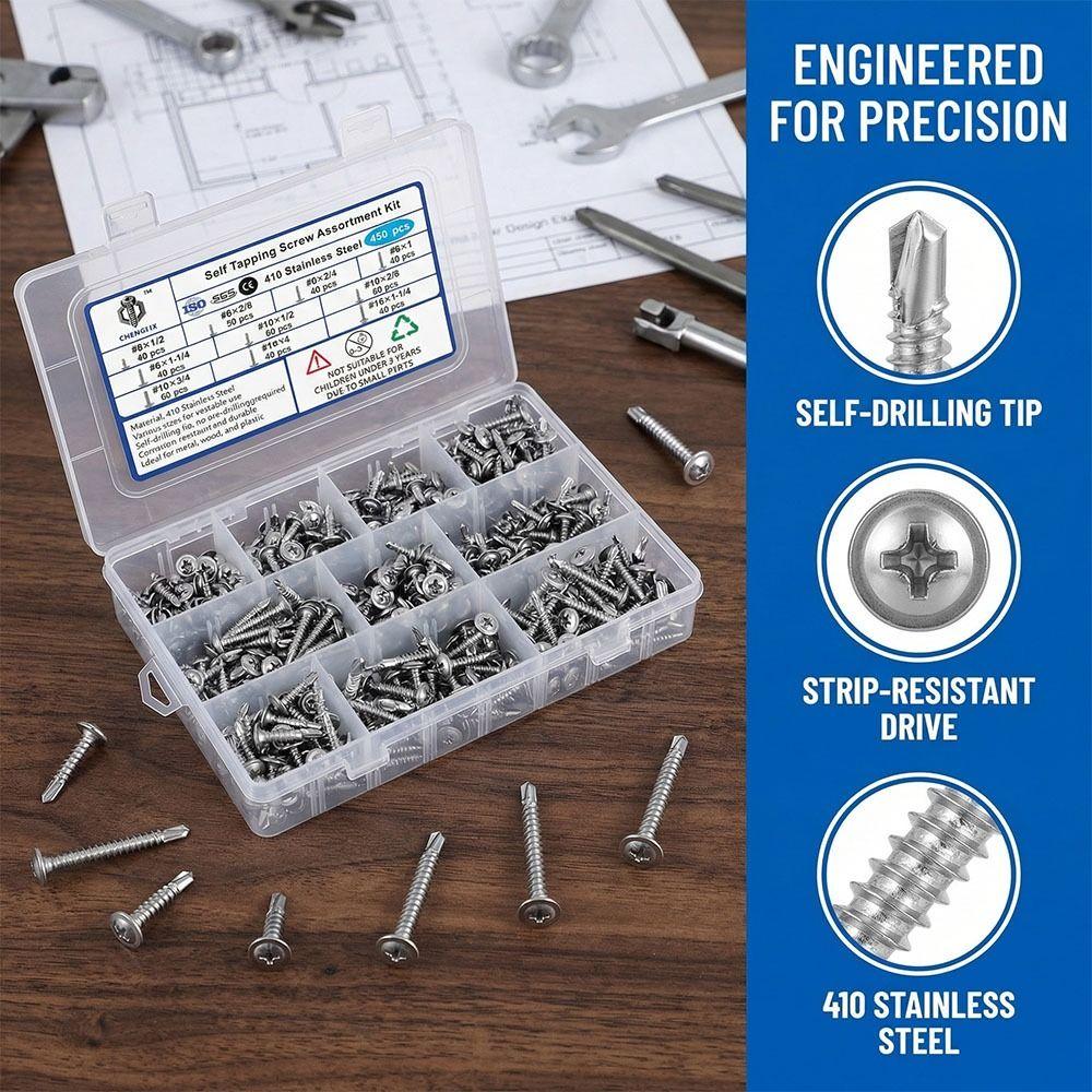 450pcs 410 Stainless Steel Self Tapping Screws Hex Head Stainless Steel Screws  Metal Application