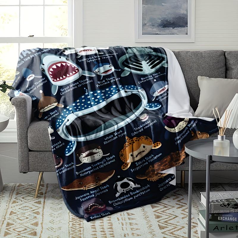 Multipurpose for Travel, Camping, Sofa - Coastal Style, Animal Theme PrintedShark Faces Flannel Throw Blanket
