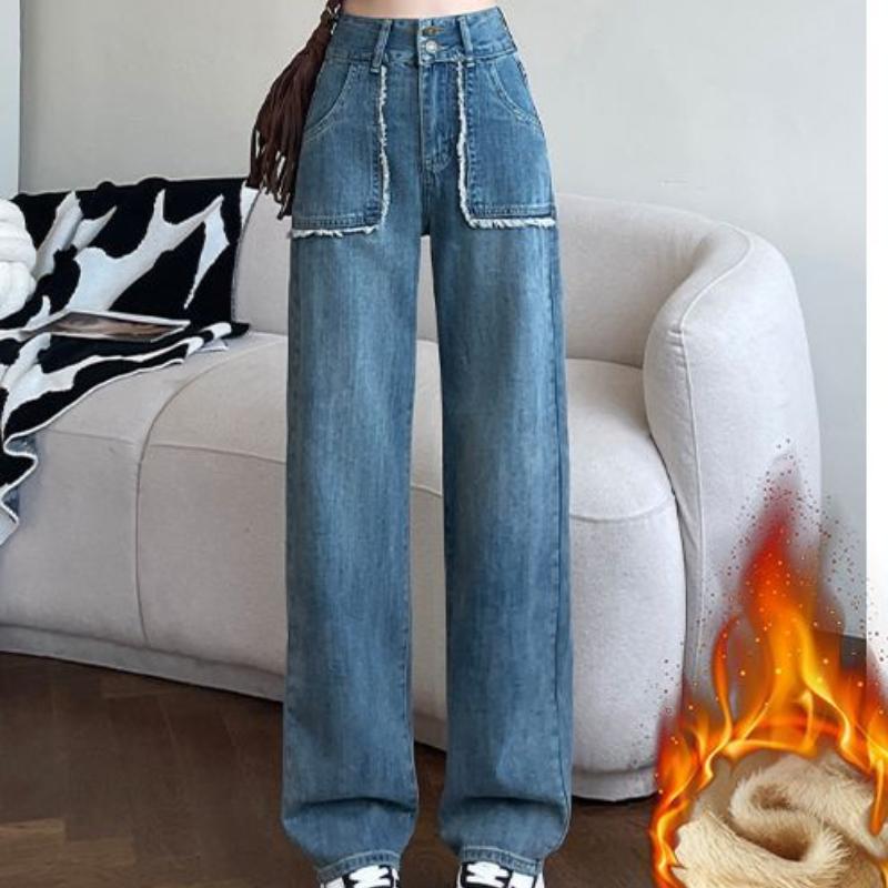 

Осенне-зимние шерстяные джинсы для женщин с широкими штанинами, в стиле ретро, с высокой посадкой, новые прямые, облегающие, маленькие брюки с бархатом XS