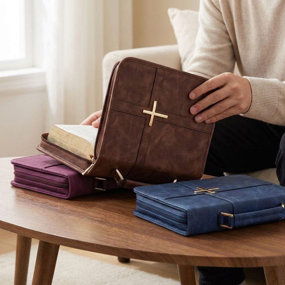 Cross-themed Vegan Leather Bible Cover with Phone Pocket Dust-proof PU Leather Bible Bag Built-in Bookmark Ribbon