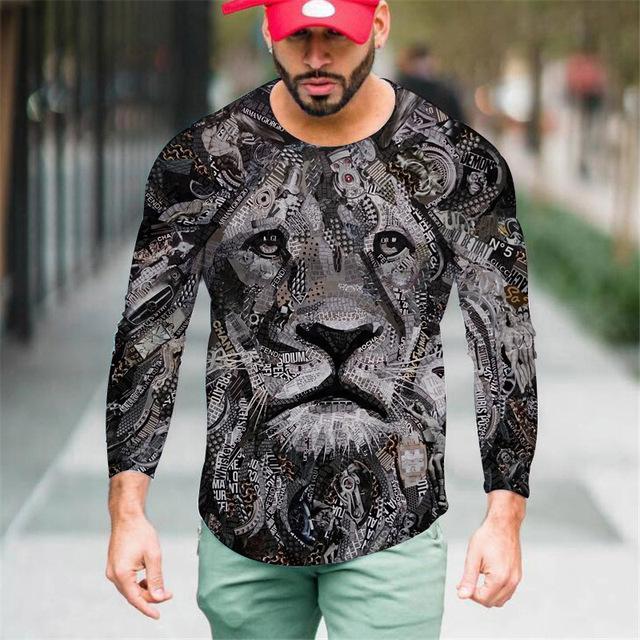 

Винтажная мужская футболка с длинным рукавом, топы с принтом животных, футболки с круглым вырезом, 3D футболки со львом/волком для мужчин, осенняя одежда оверсайз свободного кроя 4XL