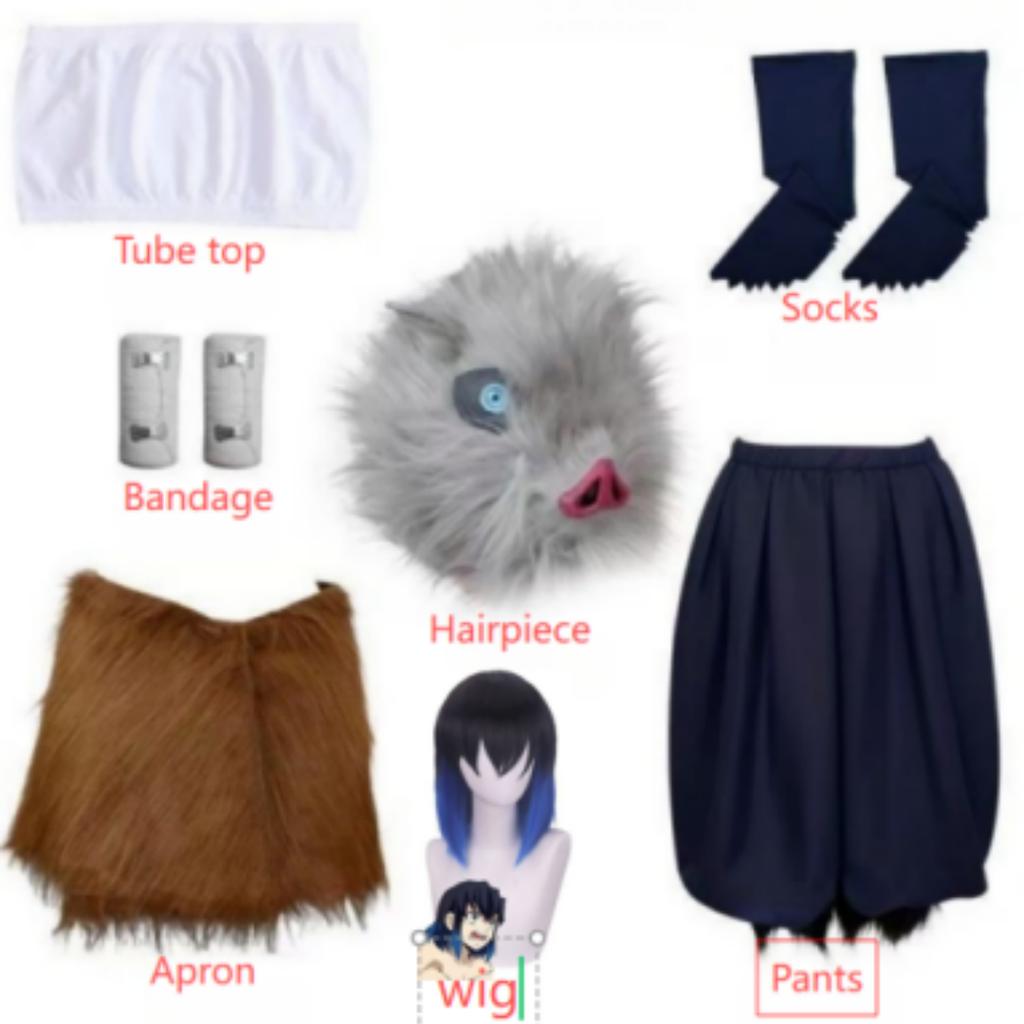 Anime Kimetsu No Yaiba Hashibira Inosuke Cosplay Kostüm Paket mit Hose, Kostüm, Demon Slayer Hose und Schürzenmasken