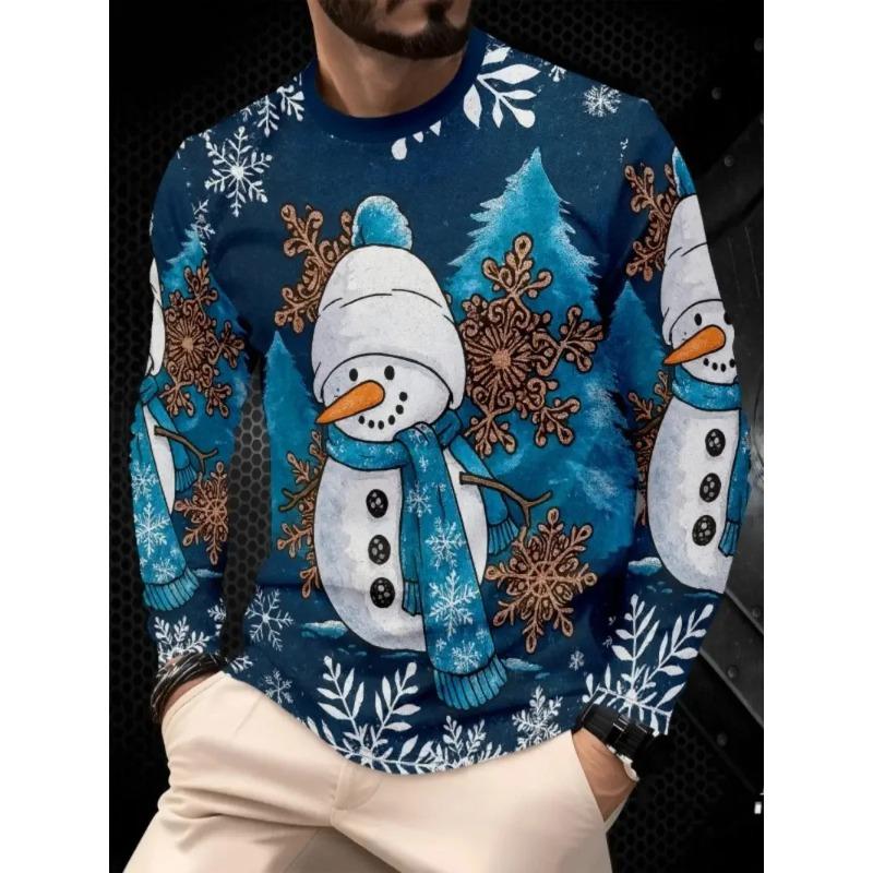 3D Printed Snowman Graphic Long Sleeve T-Shirts Fashion Santa Clause Pattern O-Neck Pullover Men's Christmas Elements Casual Tops