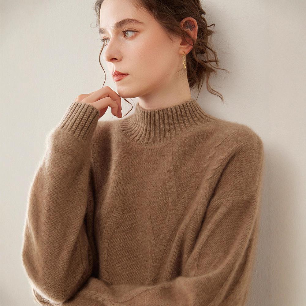 Women's Drop Shoulder Cashmere Pullover Sweater - Thickened Jacquard Knit, Half-High Neck, Long Sleeve, Versatile Loose Fit.