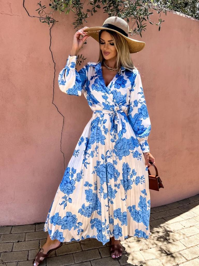 European and American New Long-sleeved Pleated Waist Printed V-neck Dress for Women