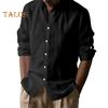 Men Cotton Shirt Long Sleeve Button Down Solid Color Shirt Henry Collar Casual Top with Adjustable Sleeves for Daily Wear Beach Vacation