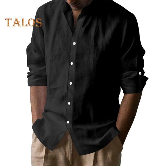 Men Cotton Shirt Long Sleeve Button Down Solid Color Shirt Henry Collar Casual Top with Adjustable Sleeves for Daily Wear Beach Vacation