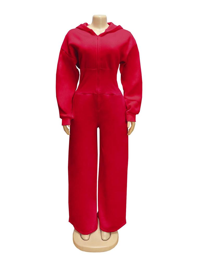 TW818 Women's Hooded Zip-Up Slimming Jumpsuit - Autumn/Winter, Elastic Waist, Solid Color